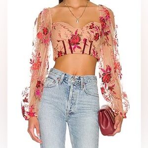 Majorelle Cassia Crop Top Floral Mesh Long-Sleeve in Nude